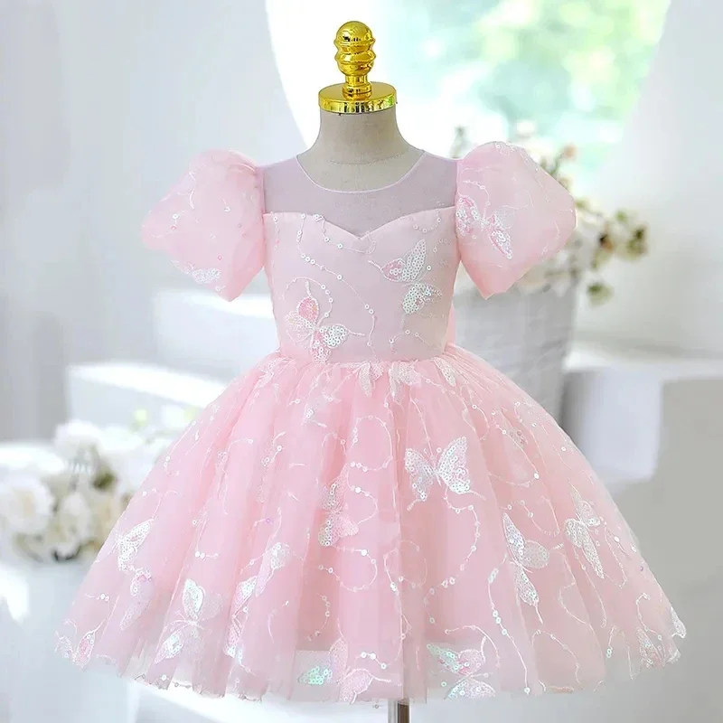 Embroidery Butterfly Baby dress pink Bow girls' dresses sequins princess fluffy tutu dress for Birthday party children's wear