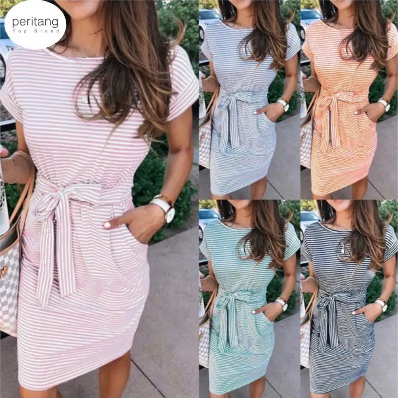 

Women Summer Sexy O Neck Striped Boho Beach Dress Ruffle Short Sleeve A Line Mini Dress Wrap Sundress Robe Female Dress