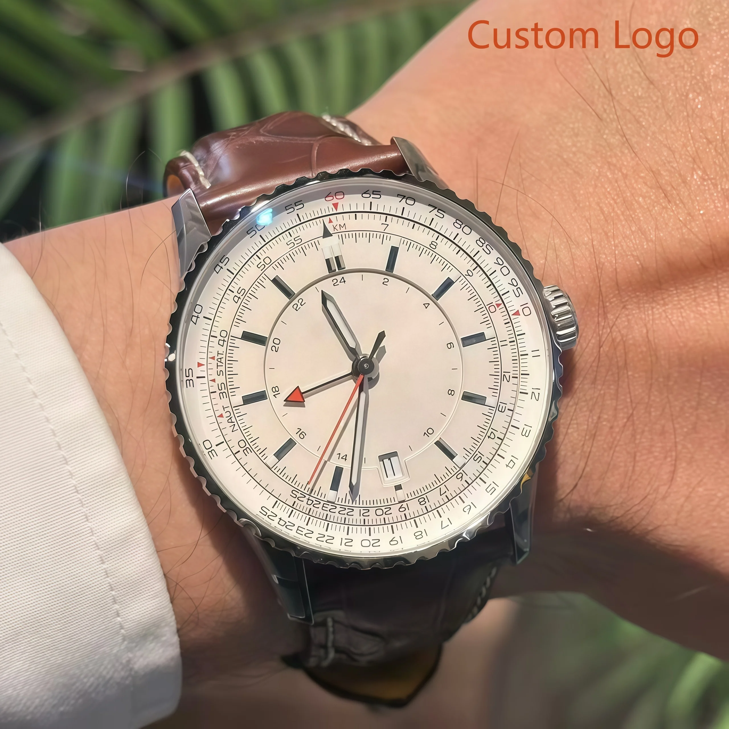 LONG GE Men Pilot GMT Automatic Watch Black Slide Rule Bezel Leather Strap  Travel Business Aviator Male Customized Watches
