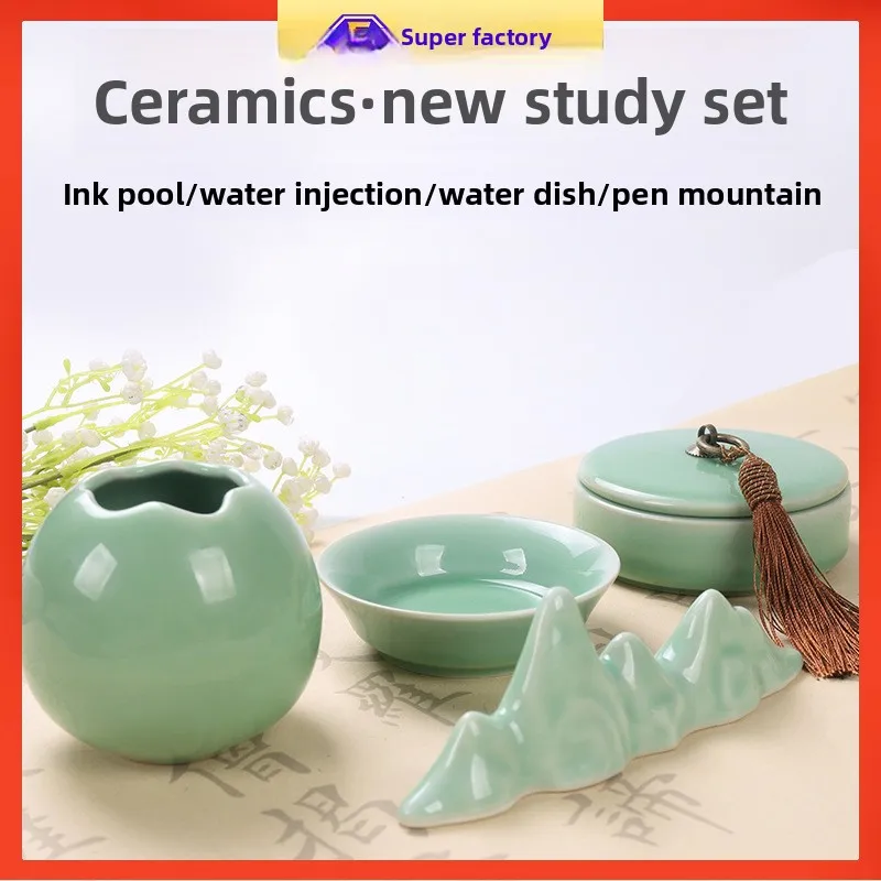 set-per-calligrafia-in-ceramica-celadon-di-longquan-composto-da-contenitore-per-l'acqua-lavapennelli-vassoio-per-l'inchiostro-bacino-per-l'inchiostro-e-supporto-per-i-pennelli-realizzato-a-mano