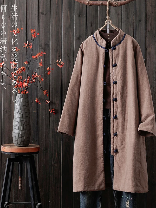 

Женское зимнее хлопковое джато Thiened, новое хлопковое верхнее белье в этническом стиле в стиле дзен, свободное длинное теплое пальто средней длины