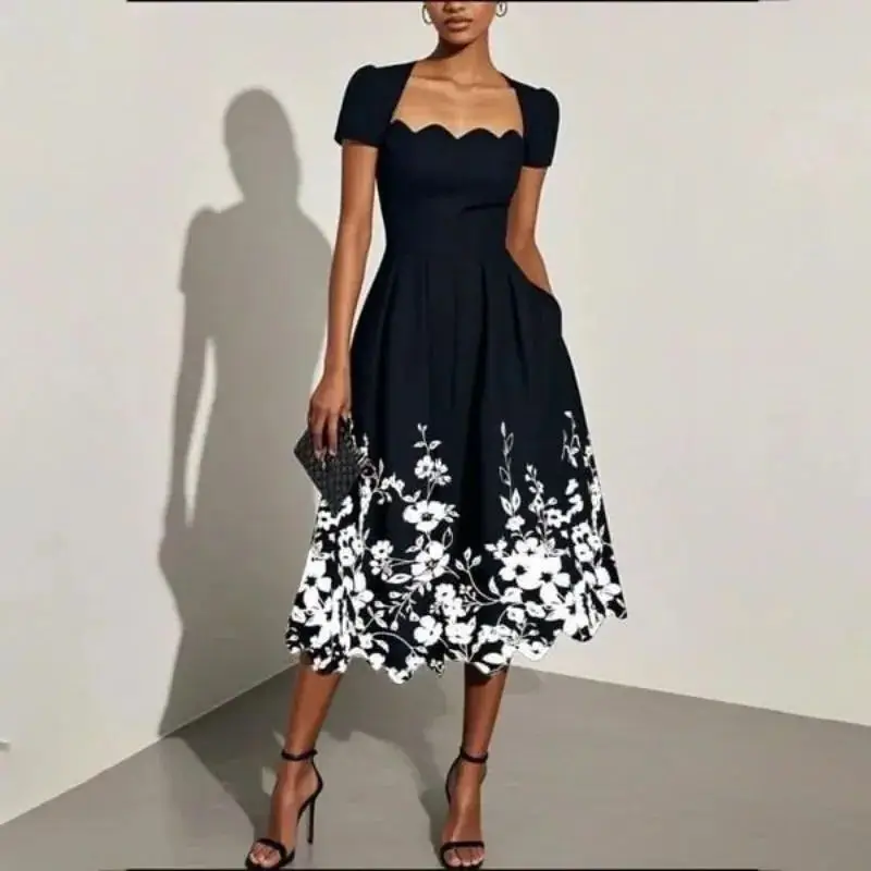 

Fashion Women's Square-Necked Casual Beach Dress Elegant Evening Gown Stylish European And American Style Dress vestidos largos