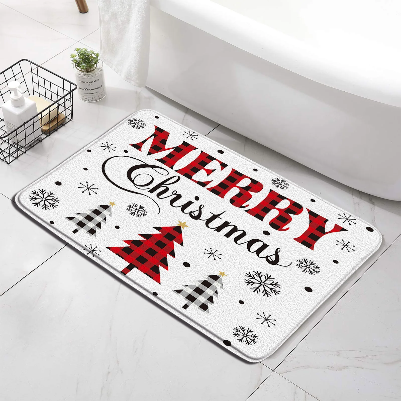 Christmas Bath Mat Black White Red Black Buffalo Checker Pine Snowflake Bathroom Rug non-slip Bathtub Carpet Floor Mat Doormat