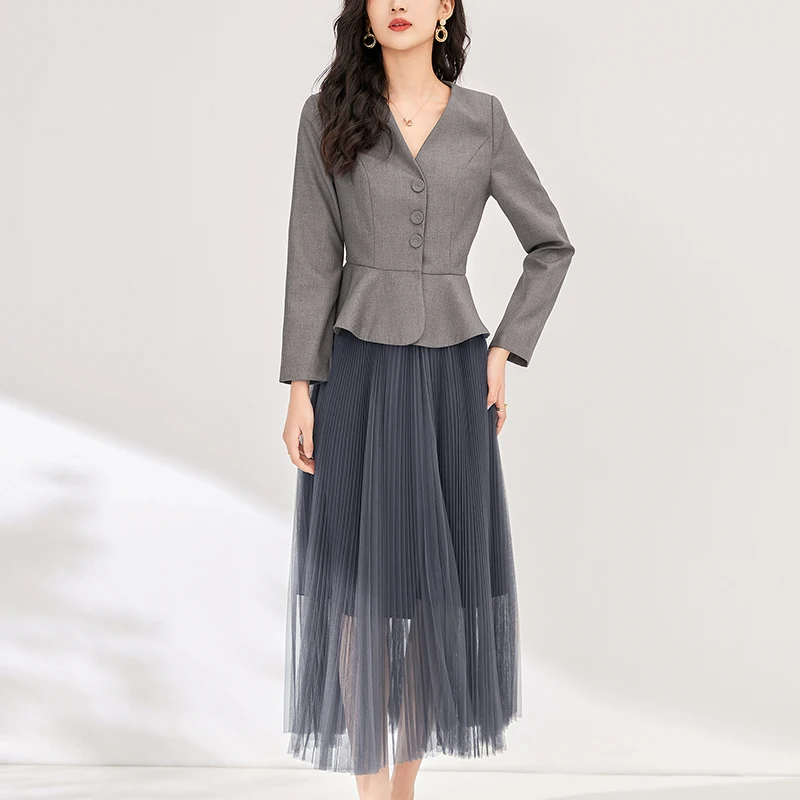 

Skirts Sets For Women 2 Pieces Office Lady Elegant V-neck Ruffles Shirt Tops And Mesh Long Skirt Woman Two Piece Set Spring