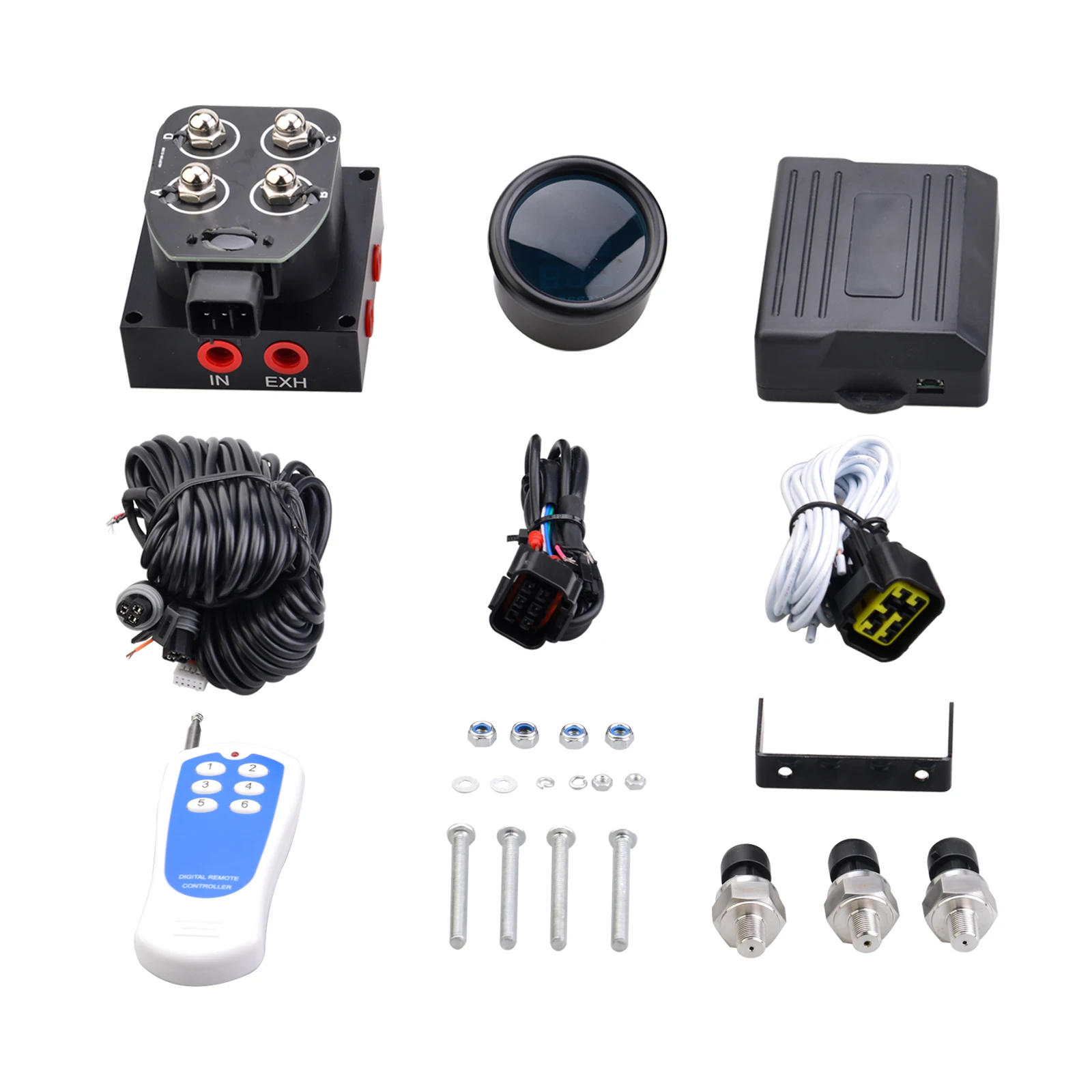 One Key Lift Air Ride Suspension Kit 12v Solenoid Valve Manifold Valve 0-200psi Three Display Blue Air Pressure Gauge