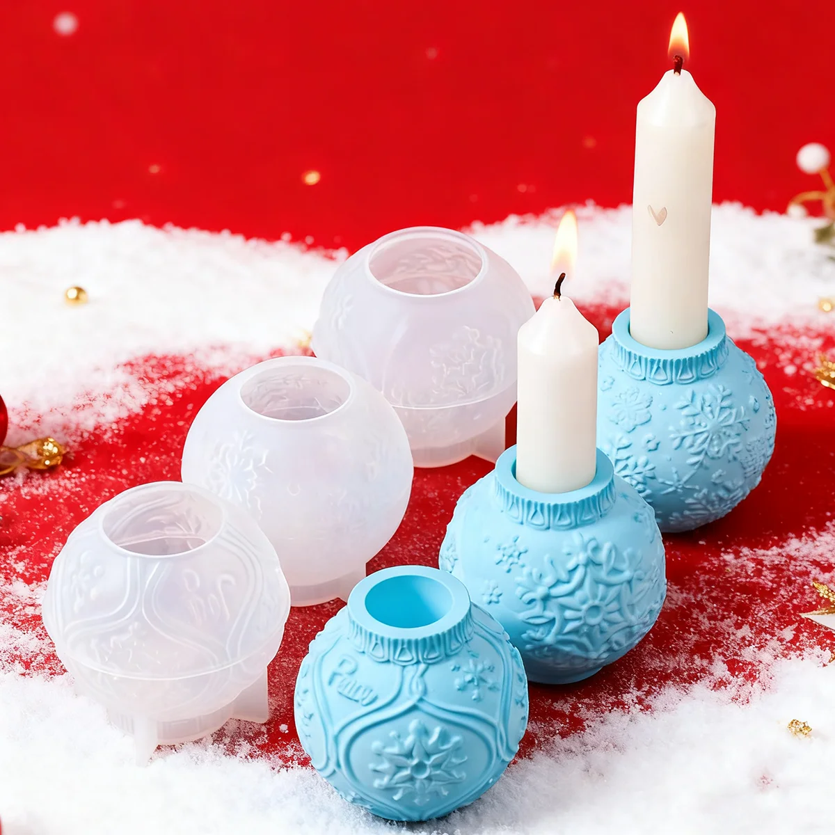 3D Weihnachtskugel Kerzenhalter Silikonform DIY geprägte Schneeflocke Laterne Blume Kerzenständer Gips Harz Handwerk Geschenkform