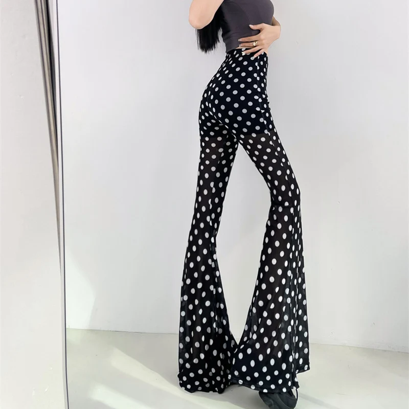 Summer New Polka Dot Floral Print Bell Bottom Pants High Waist Bodycon Thin High Elastici Original Design Women's Casual Tr...