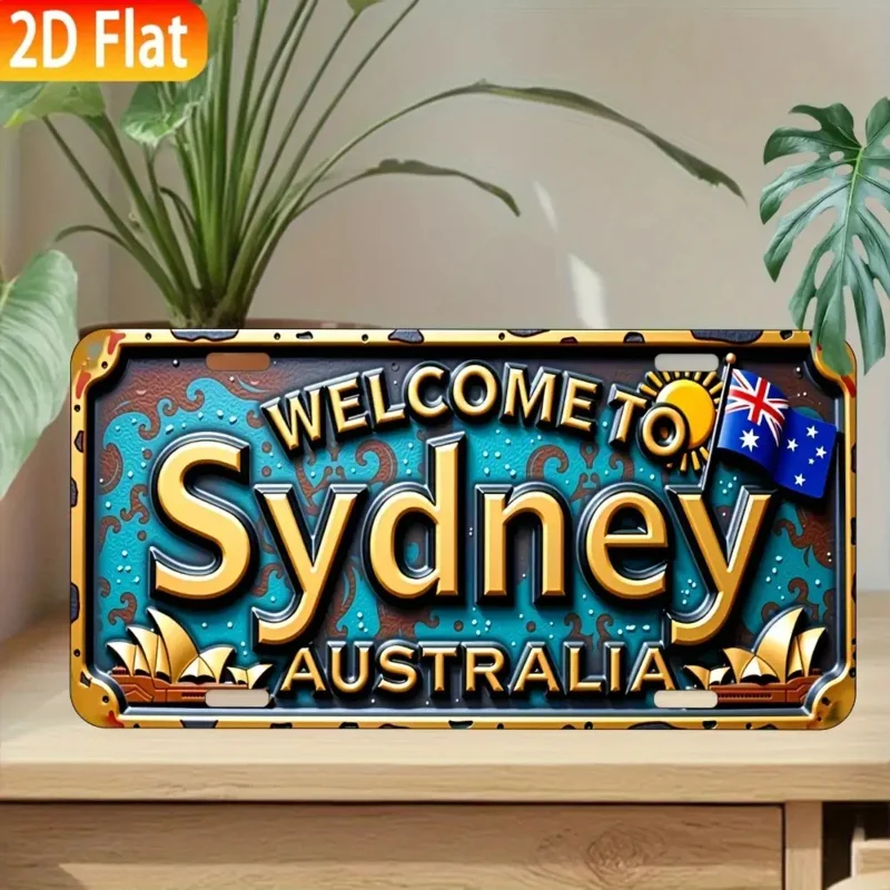 مسطح ثنائي الأبعاد، قطعة واحدة من لافتة الترخيص الأسترالية العتيقة - مرحبًا بكم في سيدني وأستراليا مع الشمس والمراكب الشراعية والنجمة #3