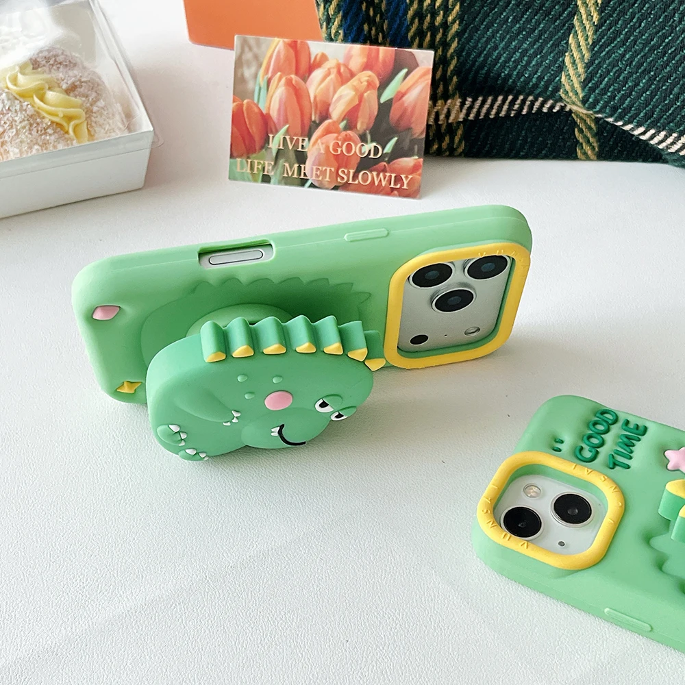 3D Cartoon Dinosaurier Teleskop Halterung Telefon Fall Weiche Silikon Ständer Halter Abdeckung Für iPhone 17 16 Plus 16e 15 14 13 12 Pro Max – Detail 5