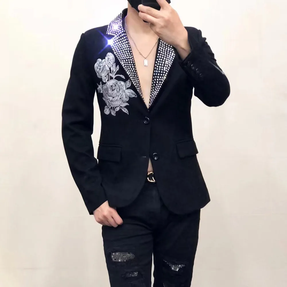 High Quality Men\'s Shining Rhinestones Roses Embroidery Blazer Banquet Party Tuxedo Bar Male Singer Star Concert Coat Costume