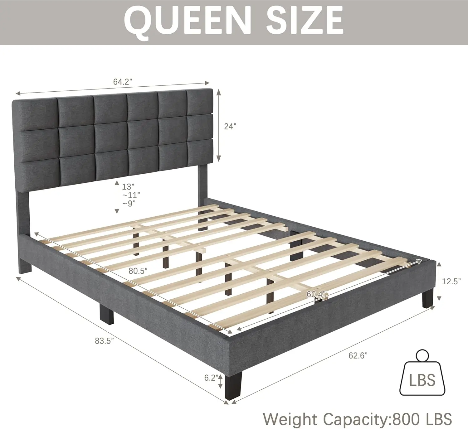 Frame Upholstered Platform w/Adjustable Headboard Linen Fabric Tufted Wooden Slats Support, No Box Spring Needed, Easy Assembly image 2