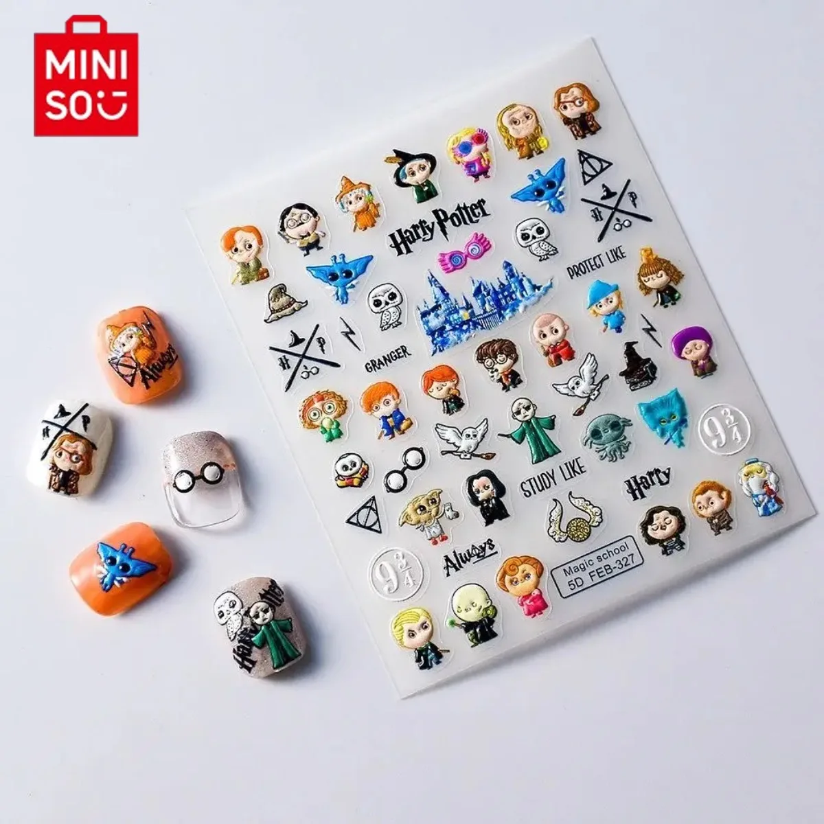 ملصقات أظافر منقوشة من MINISO Harry Potter لتزيين الأظافر عناصر Zard ثلاثية الأبعاد مقاومة للماء، تدوم طويلاً، سهلة التقشير وغير تالفة