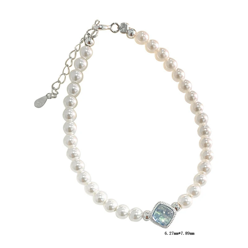 20cm Silver Bracelet For Women Pearl Bracelet Silver 925 Jewelry Fashion Chain Bracelets Female Girls Square Blue Zircon