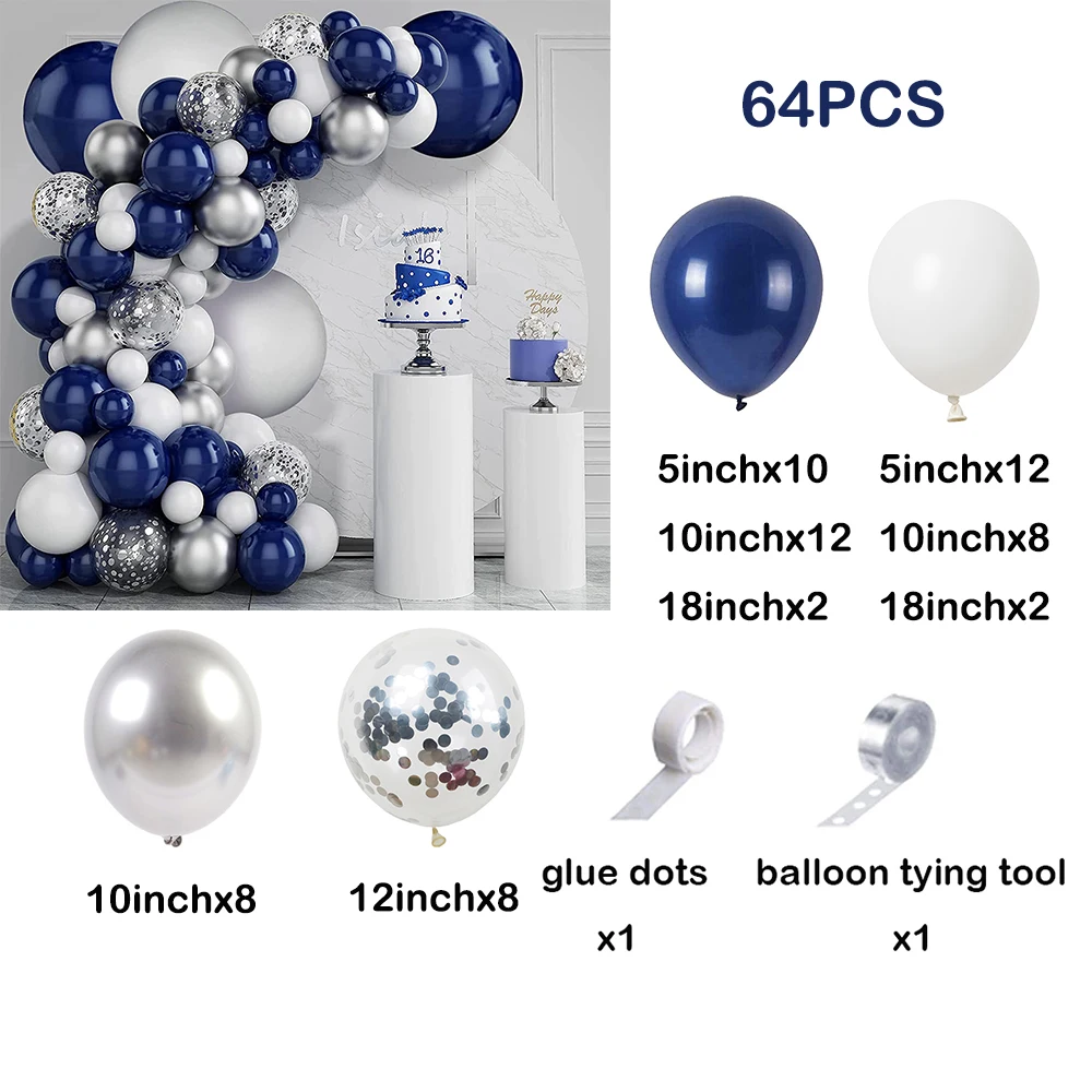 Navy Blue White Balloons Arch Garland Kit Silver Confetti Ballon First Birthday Party Decorations Graduation Wedding Baby Shower