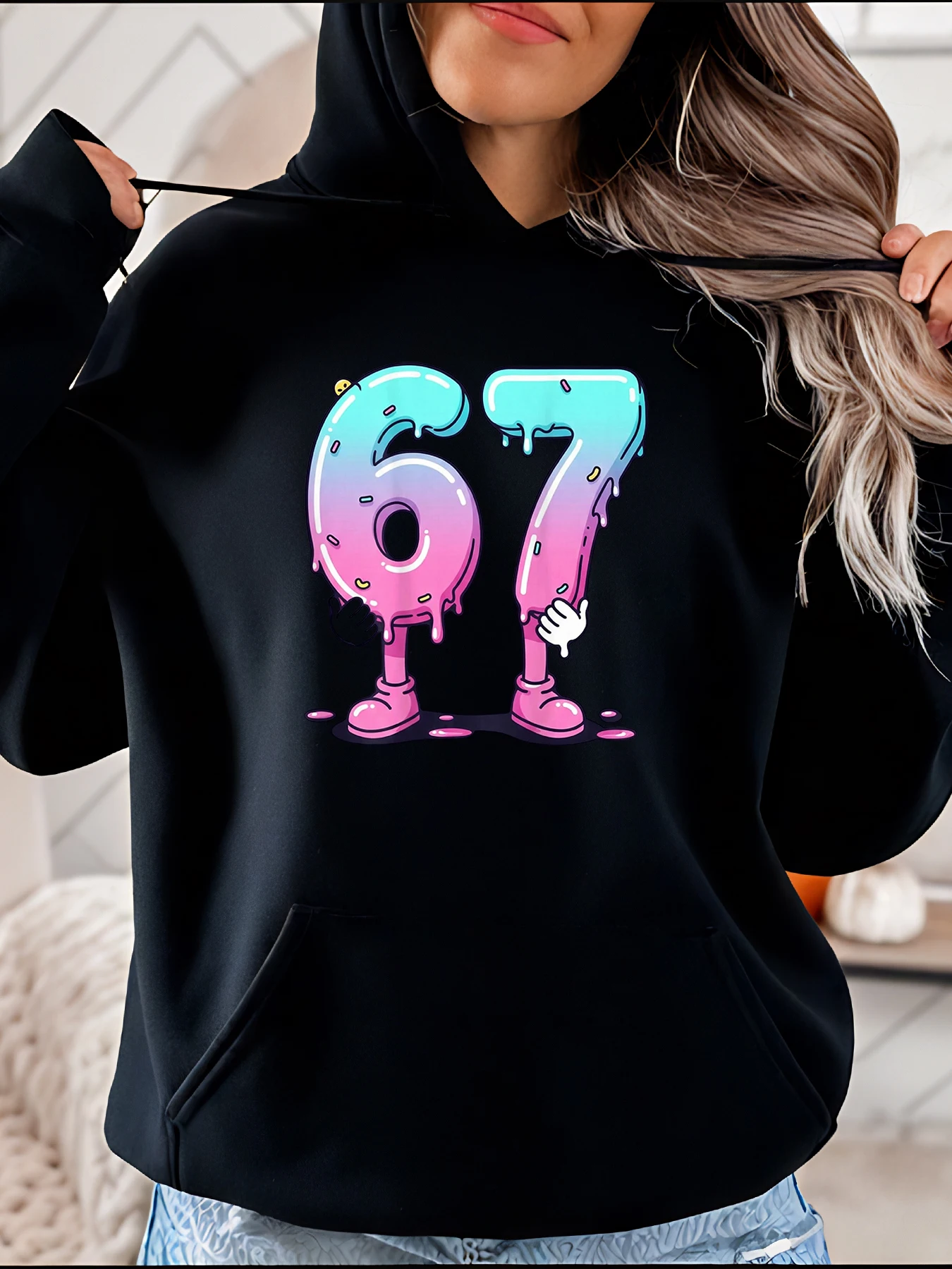 Cute 67 Number Donut Print Hoodie Women's Casual Sweatshirt Fashion Streetwear Gift for Birthday Party Kids and Adults