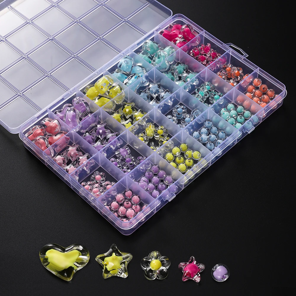 1Box Heart Acrylic Beads Flower Round Spacer Loose Beads Kits For Bracelet Keychain Jewelry Making Kits Accessories