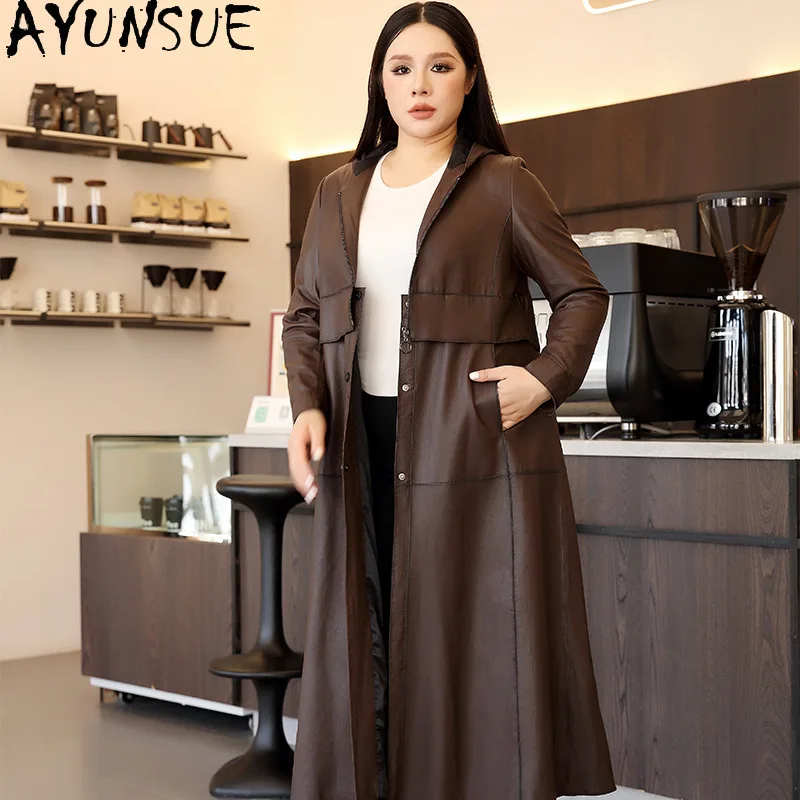 AYUNSUE 천연 양피 정품 가죽 자켓 여성 여성용 롱 트렌치 코트 야채 태닝 가을 옷 Jaqueta Couro