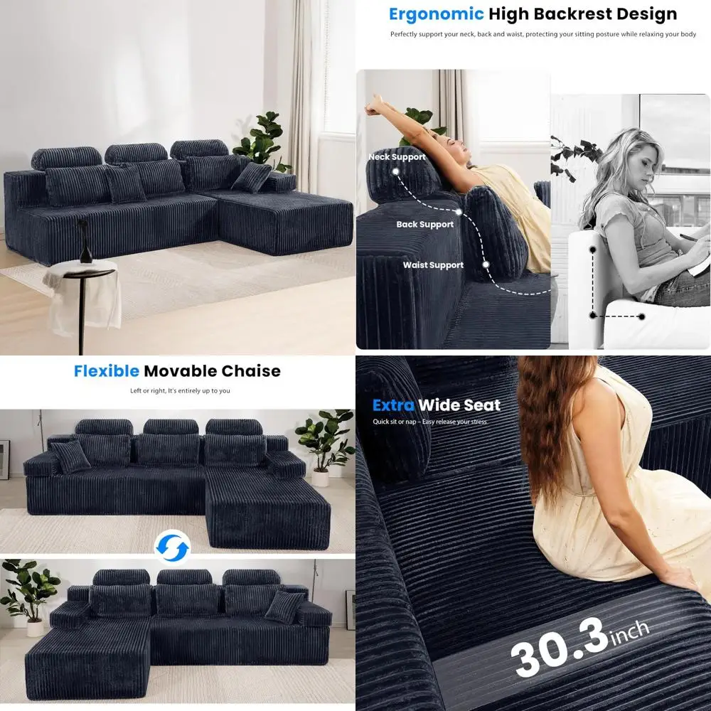 high backrest l-shape modular sectional sofa with convertible chaise, cloud corduroy, boneless comfort