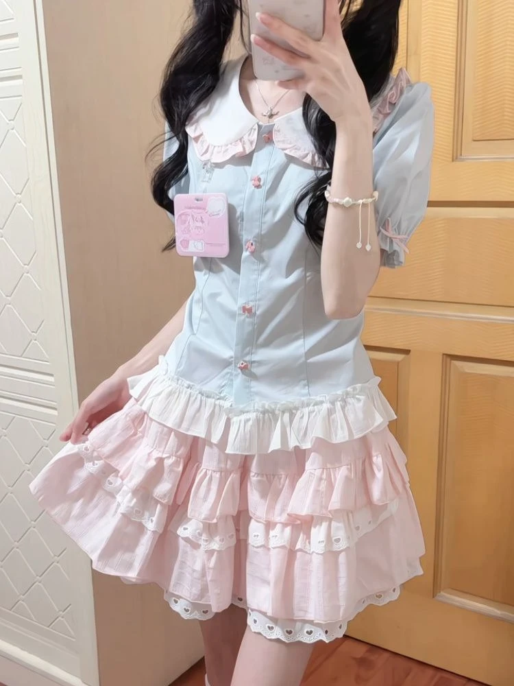 Y2k Harajuku Vintage Sweet Slim 2 Piece Skirt Sets Kawaii Short Sleeve Blouse + Patchwork Cake Mini Skirts 2000s Lolita Suits
