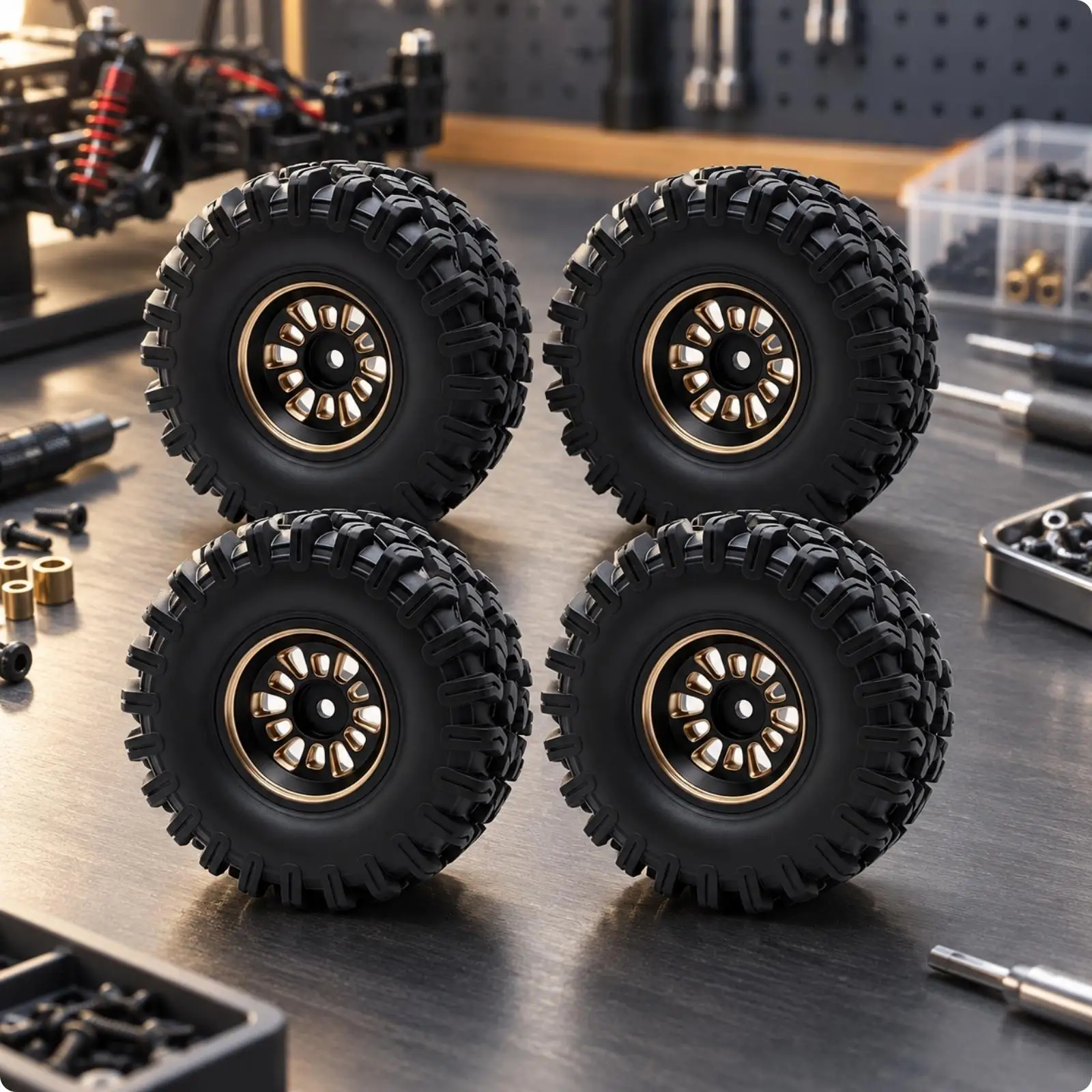 4 Pieces Rubber Tire with Metal Wheel Rim Rugged 1:18 Scale RC Wheel Assembly Replacement RC Tire and Rim Set Deep Pattern