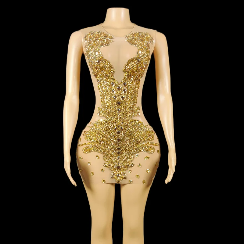 

New Glisten Gold Rhinestones Velvet Mini Dress Crystals Outfit Birthday Celebrate Sexy Stage Costume Performance Dancer Jinbi