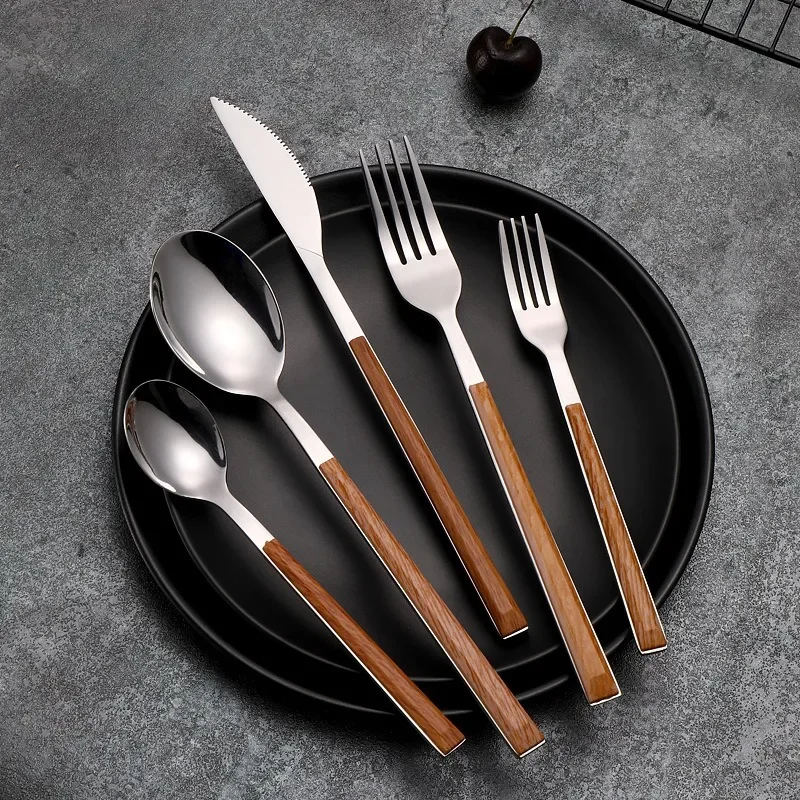 Stainless Steel Imitation Wooden Handle Tableware Set, Wood Grain Clamp Handle, Knife and Fork, Western Tableware, Japanese Stea