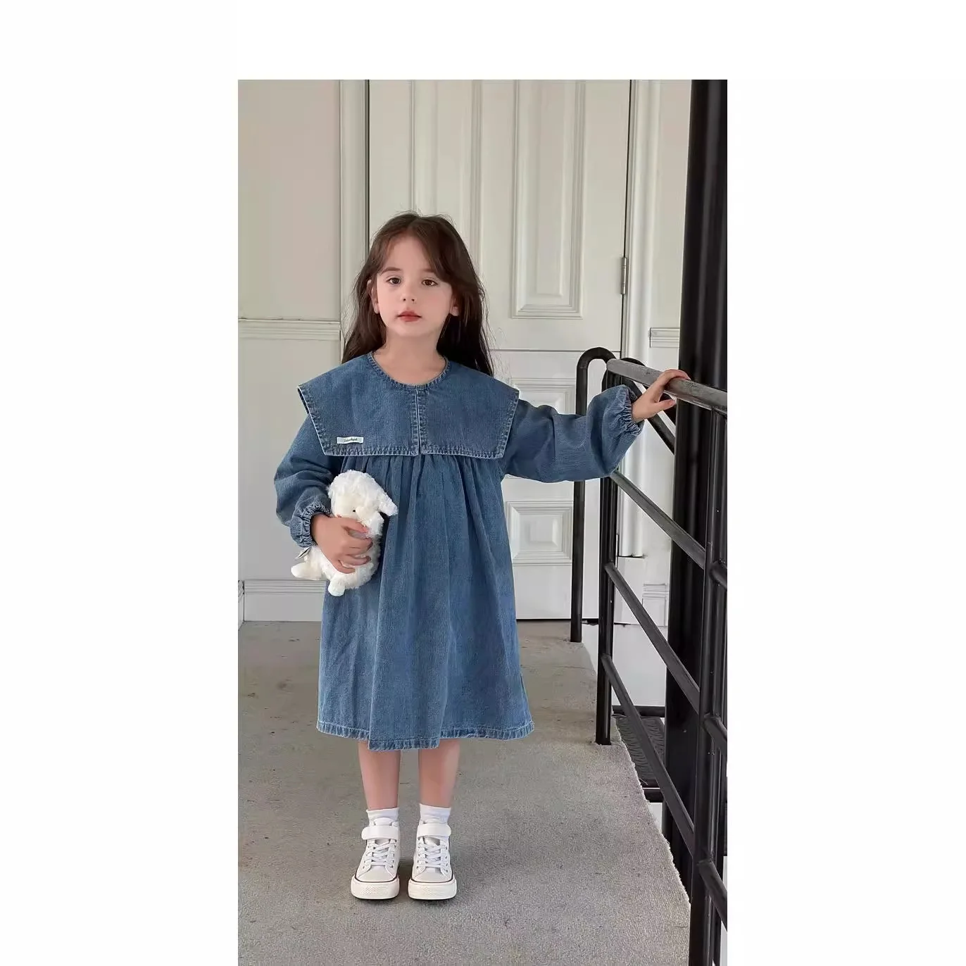 Girls Skirt Big Collar Wash Denim Dress Skirt 2024 Spring and Autumn Dress New Style Fashion Going Out Denim Dress Girls Clothes