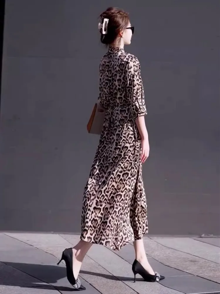 Vestido de seda longo feminino, decote em v, cintura alta, estampa leopardo, meia manga, camisa de escritório, vestidos femininos, moda elegante, novo, verão