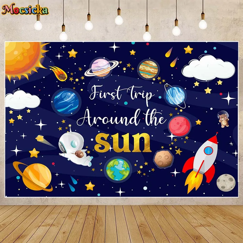 Mocsicka First Trip Around The Sun Baby 1st Birthday Backdrop Space Planet Boys Birthday Party Decor Background Photoshoot Props