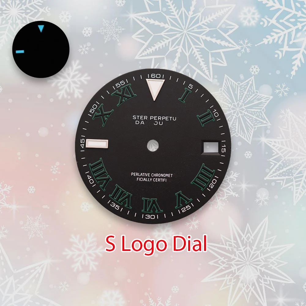 28.5mm S Logo Roman num Dial Hands Fit NH35/NH36/4R Automatic Movement Ice Blue Luminous Watch Modification Accessories