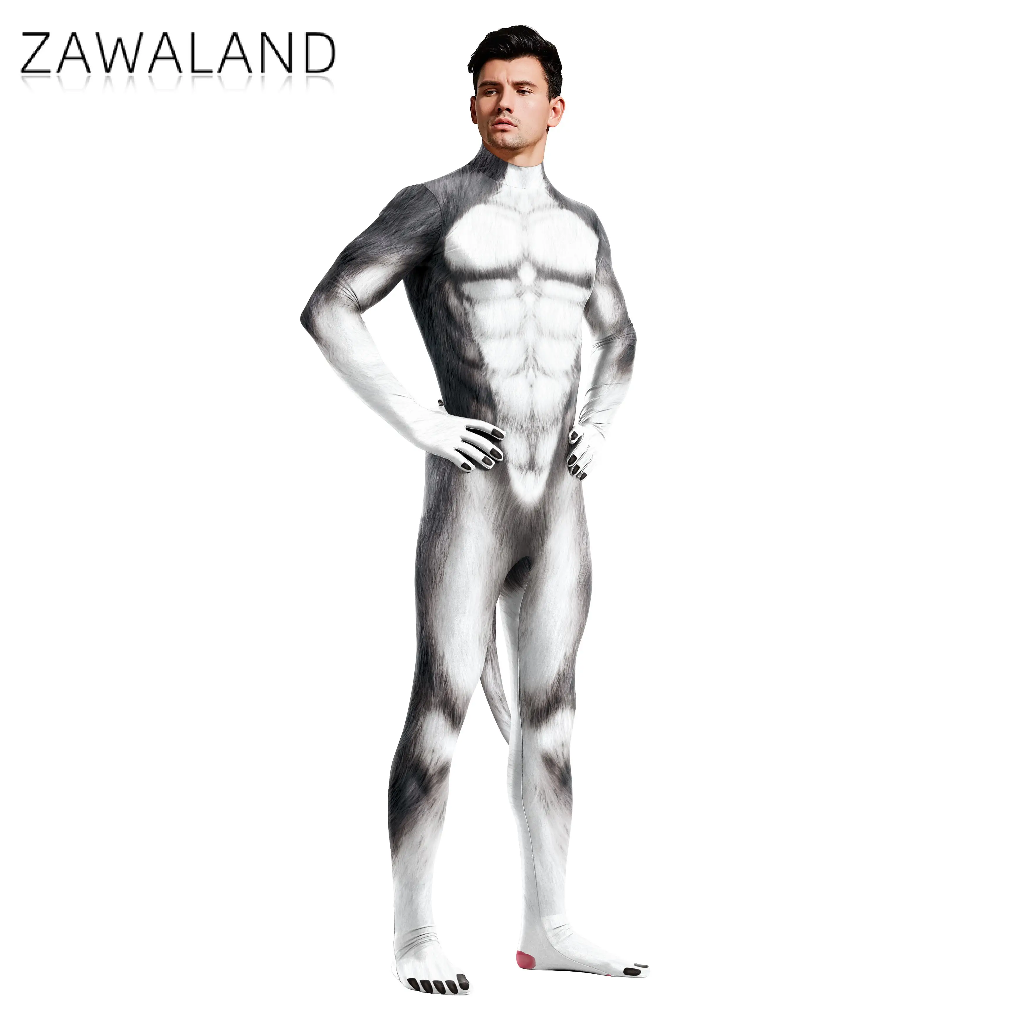 Lobo Fantasias Cosplay para Adultos, 3D Animal Impresso, Playsuit Halloween, Zentai Unisex, Capa Completa com Cauda, Bondage Catsuit