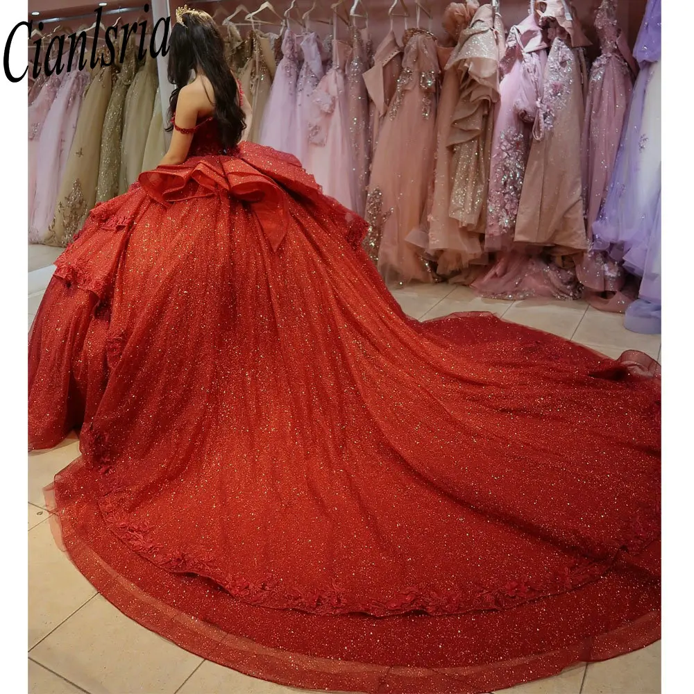 Red Glitter Crystal Ruffles Quinceanera Dresses Ball Gown Spaghetti Strap Appliques Lace Sweet 15 Birthday Party