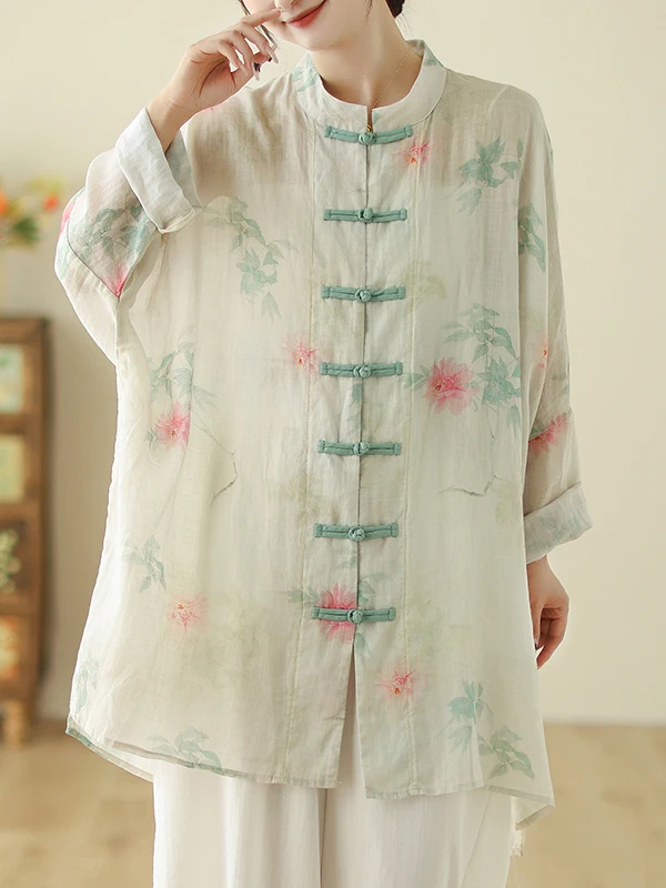 Retro, ręcznie robiony, drukowany, luźny damski kardigan z stójką, o średniej długości, zapinany na guziki, chroniący przed słońcem, modny na wiosnę i lato.