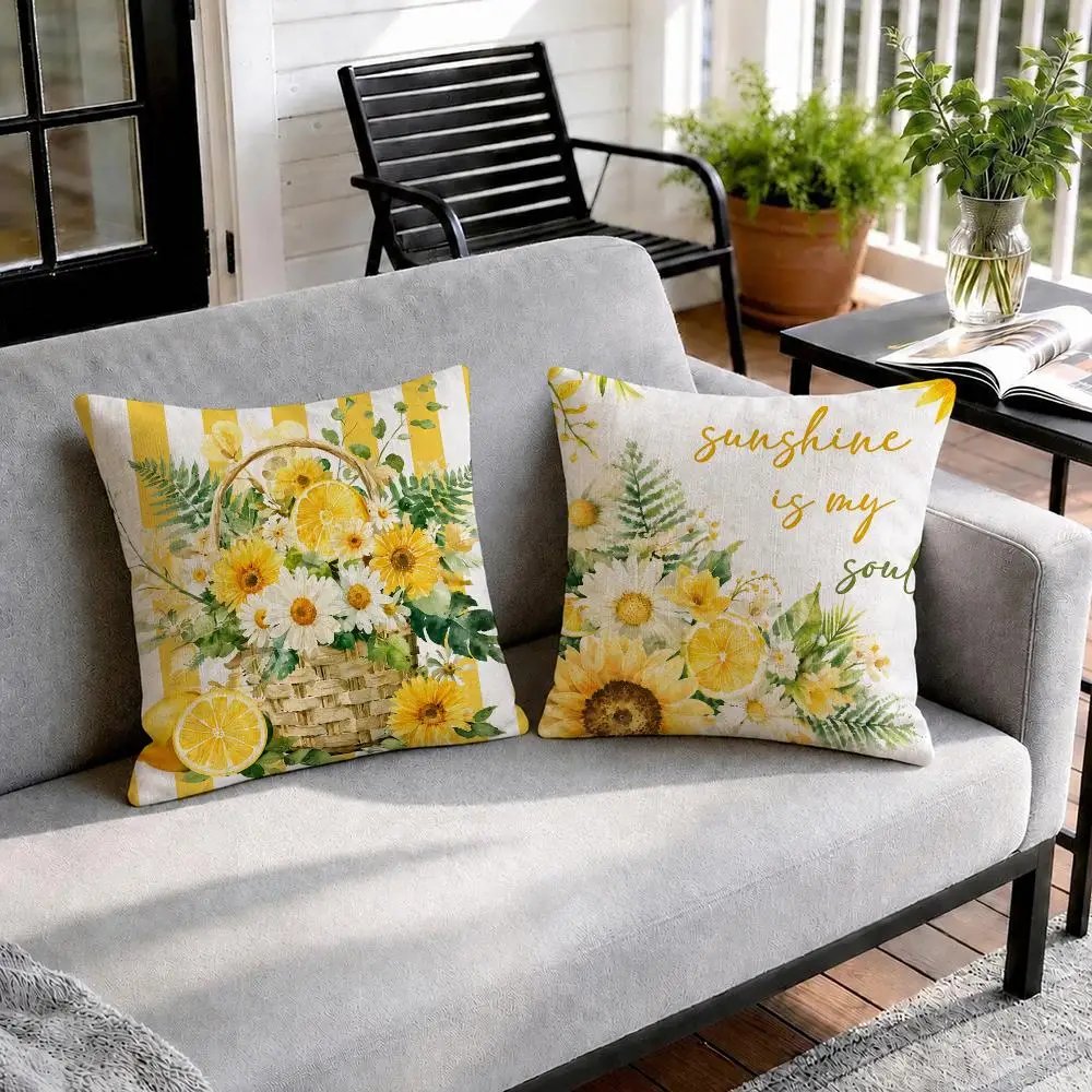 Summer Daisy Lemon Cushion Cover Natural Linen Organic Fabric Double-Sided Printing Sofa Home Decor Gift Pillow Cover