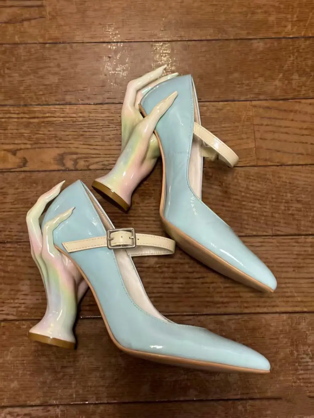 

Minimal Style Pointed-Toe Patent Leather High Heels Adjustable Buckle Design Hand-Shaped Heel Fashion Gothic High for Cosplay