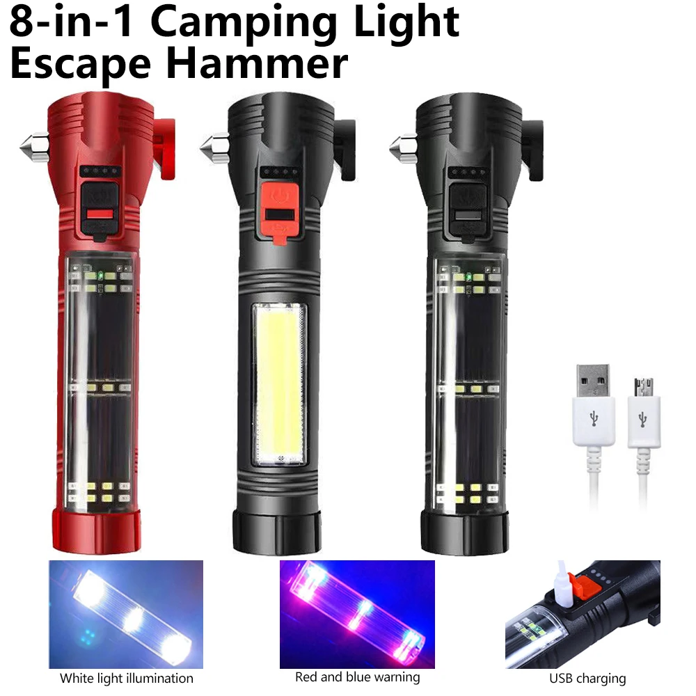 8-in-1 Emergency Flashlight Escape Hammer USB High Power Hotel Torches Seat Belt Cutter Portable Strong Magnetic Car Escape Tool