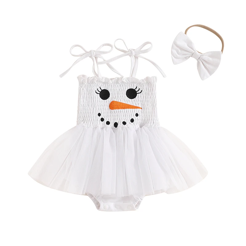 Newborn Baby Girls Romper Dress White Sleeveless Tulle Patchwork Snowman Romper with Headband Infant Clothes 0-24 Months