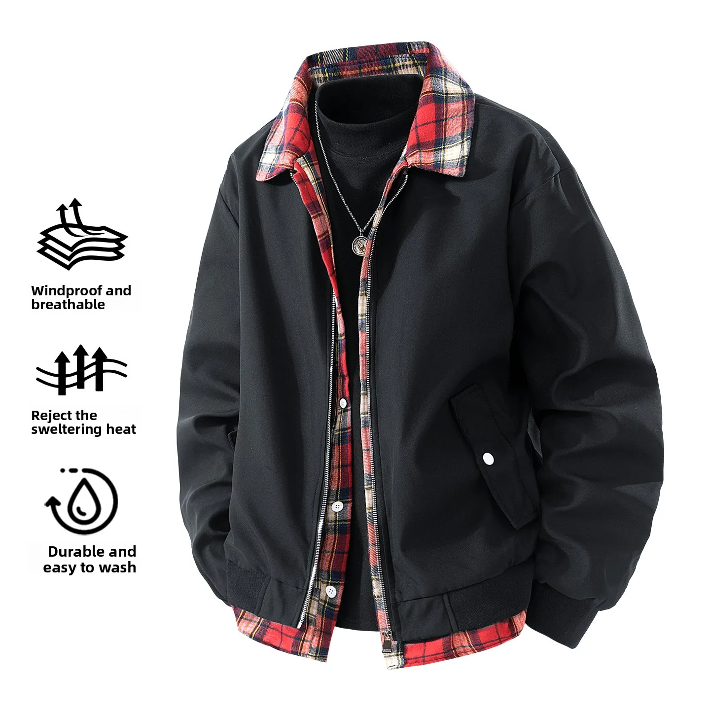 

Casual Patchwork Jaet Men's Spring Autumn Loose Workwear Trendy irt Collar Outerwear Polyester Fiber Long Sve Zipper