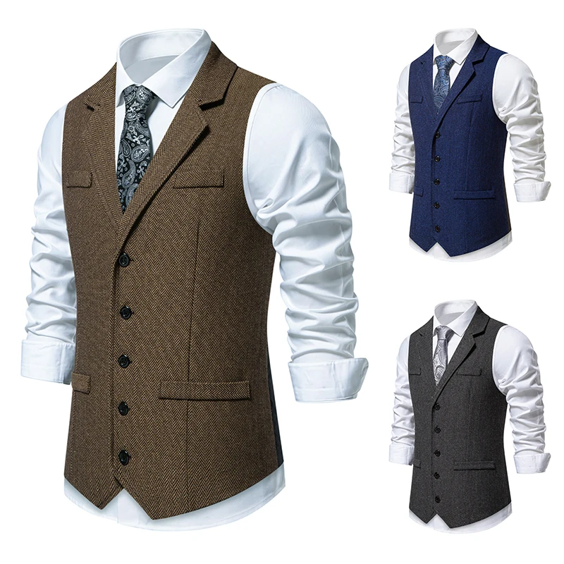 2024 Spring/summer New Men\'s Suit Vest with Herringbone Fabric Splicing Satin Single Breasted Fake Pocket Formal Vest