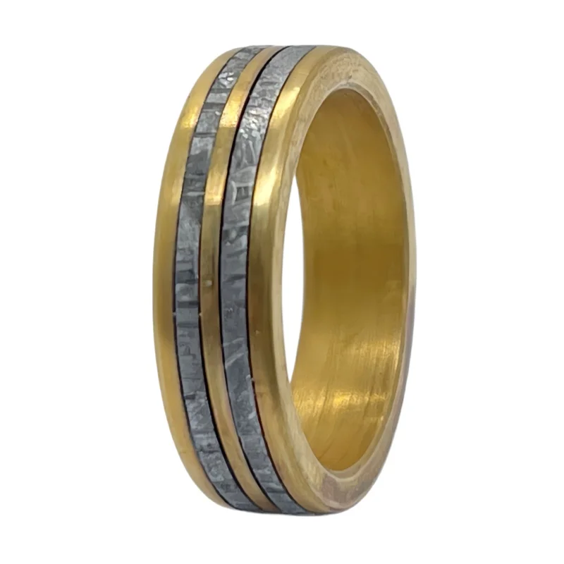 Anillo de Matrimonio de Meteorito Muonionalusta, Chapado en Oro de 24k, 7-8mm, Hecho a Mano, Tallado Personalizable, Banda Cósmica de Lujo K45
