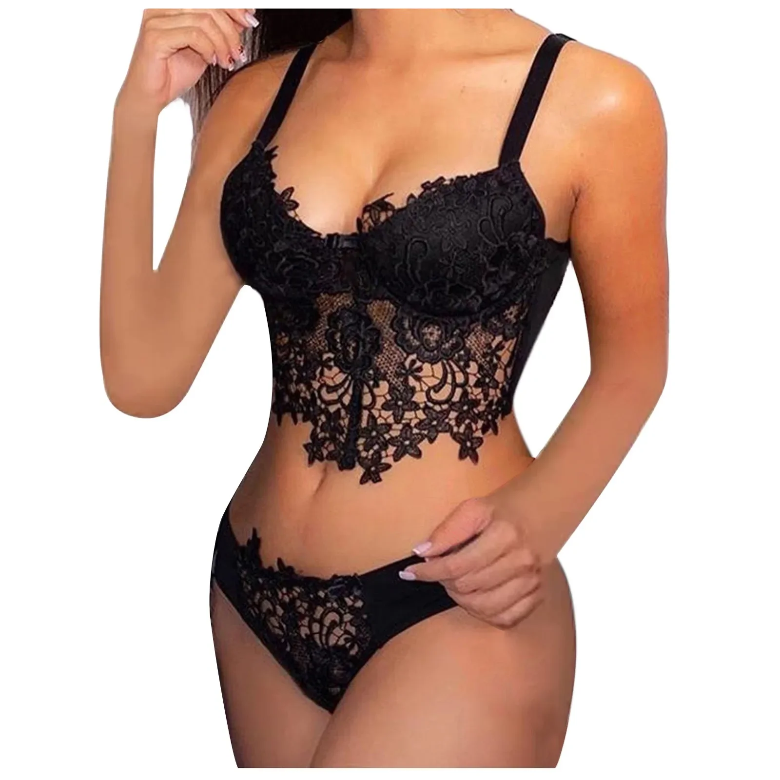 New Ultra Thin Lace Sexy Lingerie Set Hot Underwear Women Set Bra and Panty Thong Set Transparent Lace Black Open Intimates view 4