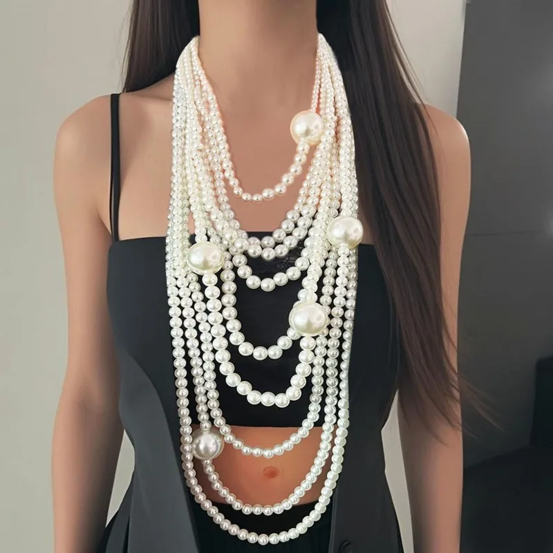 Übertriebene mehrschichtige Imitation Perle Halsband Halskette Frauen Luxus Lange Quaste Anhänger Pullover Kette Braut Mi Schmuck – Detail 5