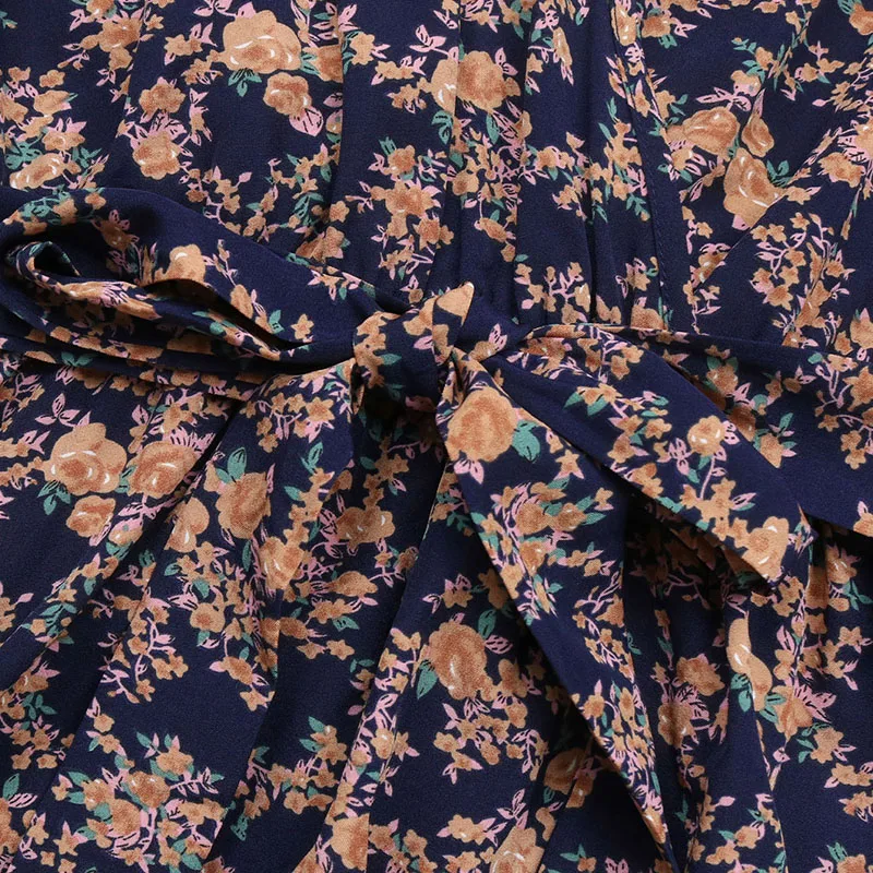 Women's Deep Blue Floral Print Dress Boho Deep V-Neck Ruffle Long Sleeve Waist Belted Flowy Midi Dress for Autumn Daily Party