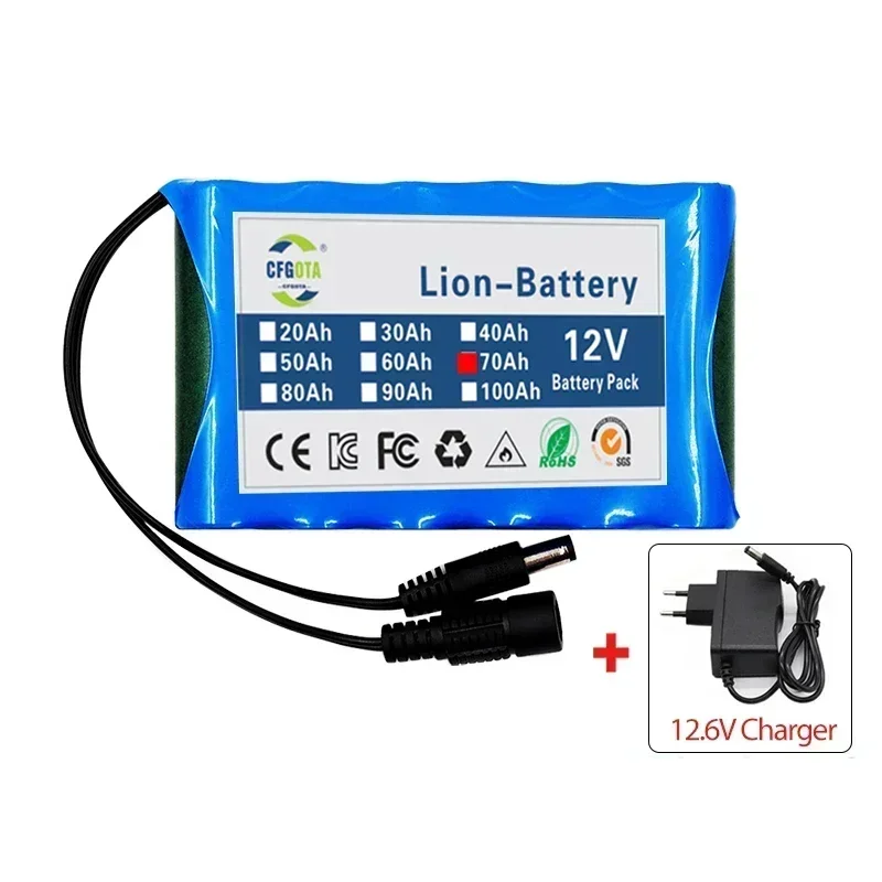 12V 70000mah battery 18650 Li-ion 70Ah Rechargeable batteries with BMS Lithium Battery packs Protection Board +12.6V Charger