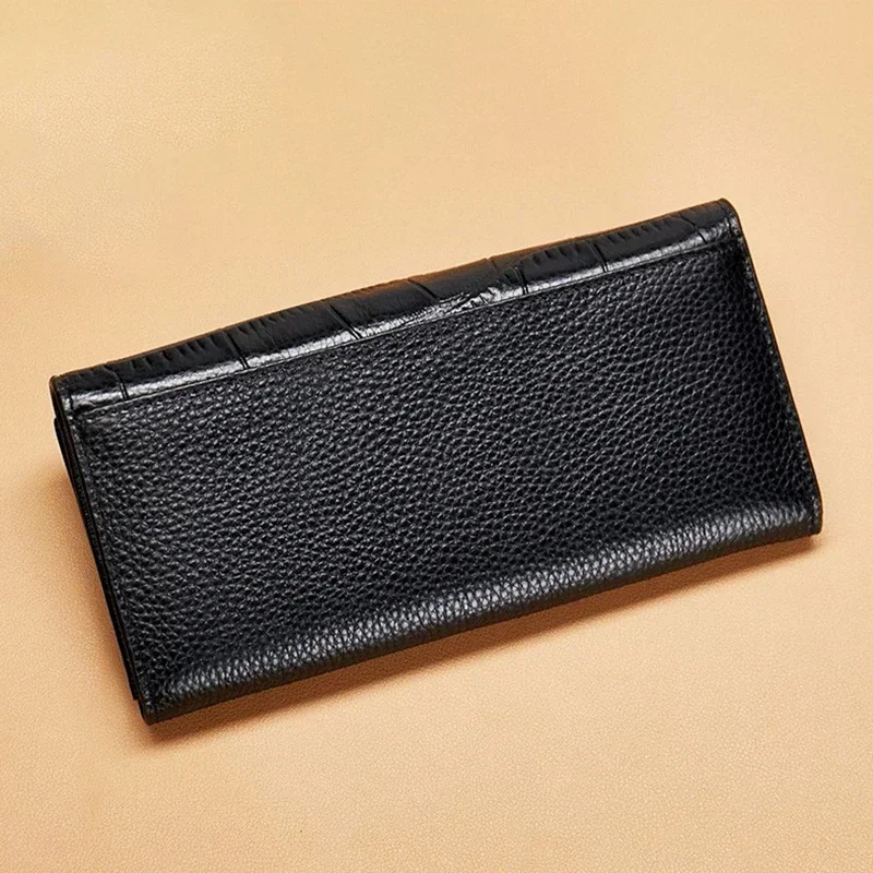 Genuine Leather Wallets	for Women Luxury	Designer	RFID Card Holder Purses Women's Long Folding Wallet with Zip Coin Pocket