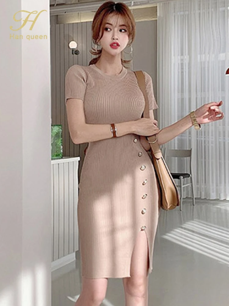 H Han Queen Hot Sale Fashion Button Split Elegant Sheath Bodycon Pencil Dress Office Party Dresses Elasticity knitted Vestidos