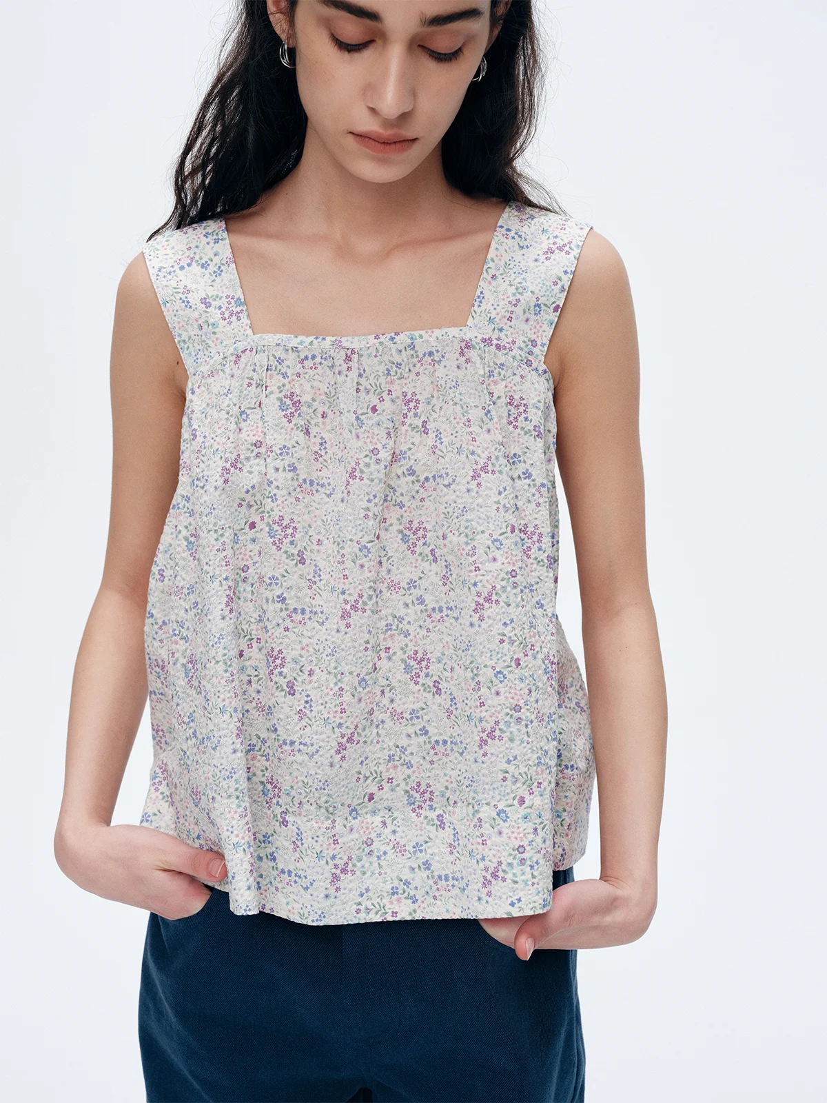 

Pure Cotton Bubble Shirt Women's Loose Sleeveless Top Floral Print Casual Style Spring Summer New Arrival UV Protection