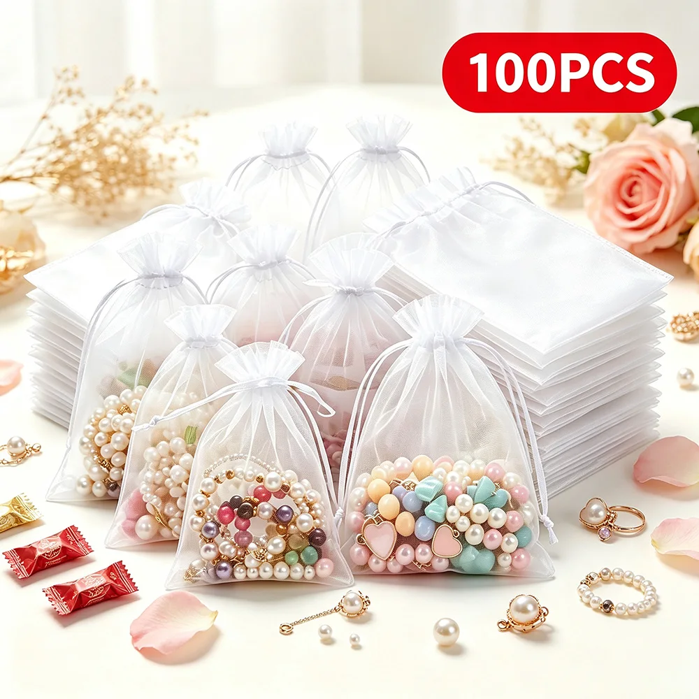 100pcs White Organza Drawstring Gift Pouches Sheer Favor Bags for Jewelry Candy Wedding Christmas Birthday Party Packaging