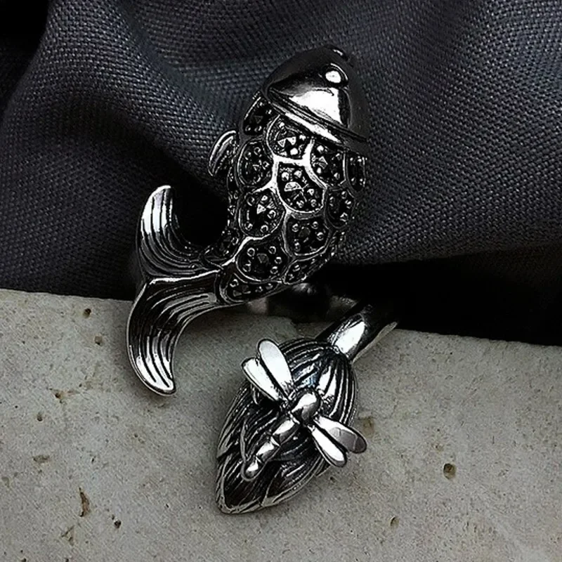 New S925 Silver Jewelry Accessories Fashionable and Interesting Shape Rich Carp Women Ring Retro Exaggerated Personality