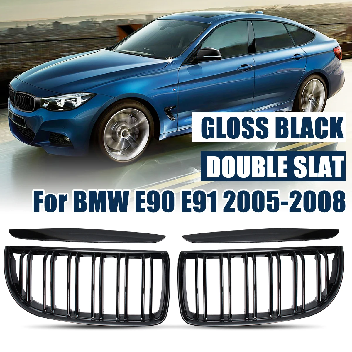 

2X Grille Grill Front Kidney Gloss Black Double Slat For BMW E90 E91 Pre-Facelift 2005 2006 2007 2008 Racing Grill Hood Eyelids